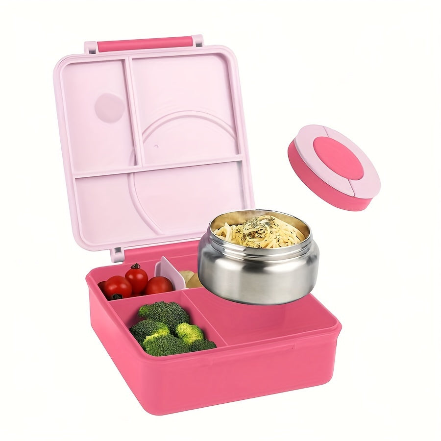 Adult Bento Box with Leak-Proof Insulated Stainless Steel Bottle - 4 Compartment, 2 Temperature Zones (Blue, Pink) - Suitable for School Lunches,Back to School