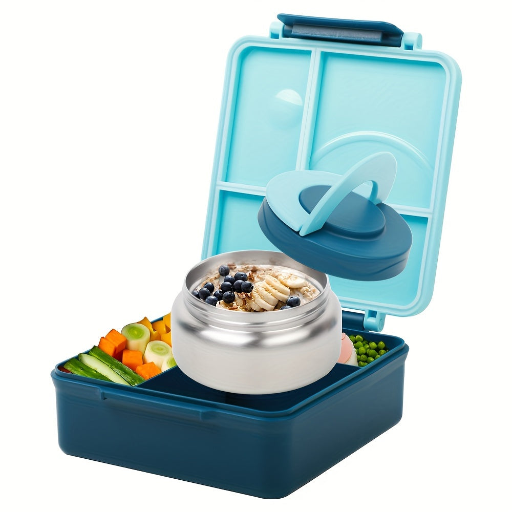 Adult Bento Box with Leak-Proof Insulated Stainless Steel Bottle - 4 Compartment, 2 Temperature Zones (Blue, Pink) - Suitable for School Lunches,Back to School